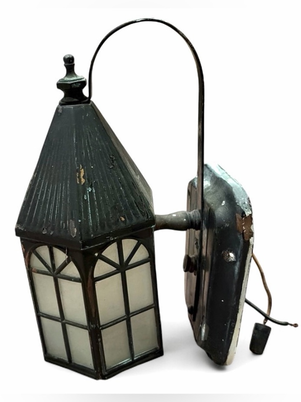 Vintage Arts & Crafts Mission Copper Glass Paneled Painted Black Lantern Sconce